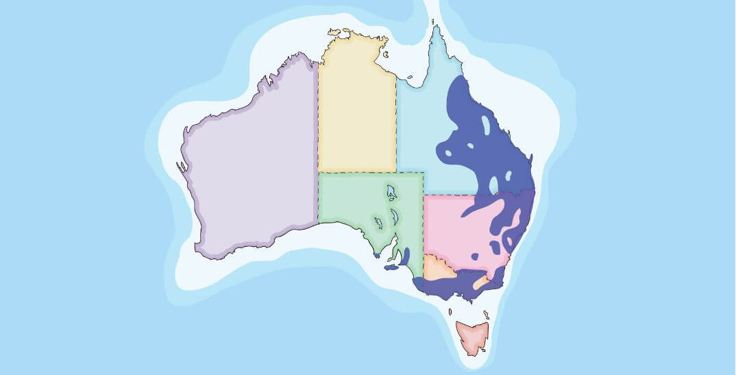Map of Australia divided into its six states and two mainland territories, with different colors outlining each state and territory.