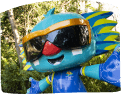 A vibrant blue mascot wearing sunglasses