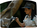 A woman wearing a hat gently feeds a lemur