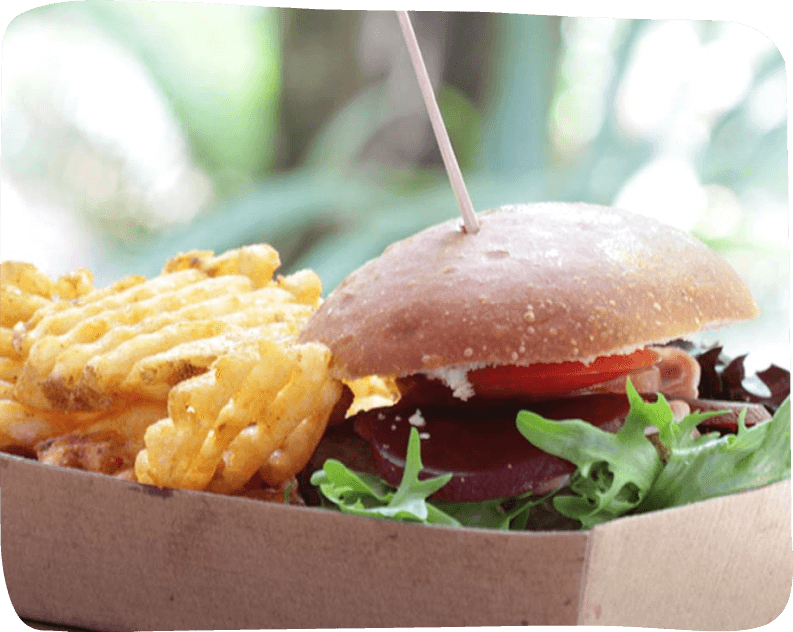A food container featuring a juicy burger and a side of golden fries
