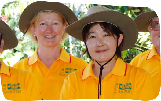 A diverse group of individuals wearing bright yellow shirts and hats, smiling and enjoying a sunny outdoor event.