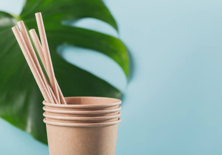 Stacked light brown paper cups and straws, with a blurred green leaf background.