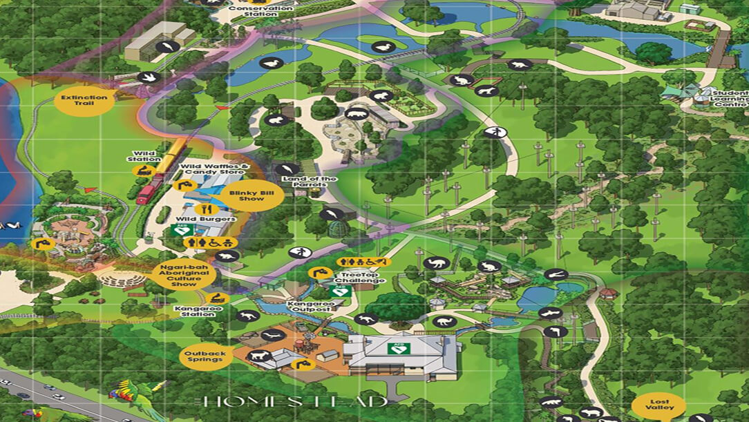 Zoo map showing locations of attractions, animal exhibits, and food vendors.