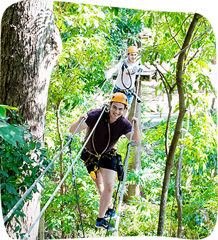 Two adventurers on a rope, high above the ground with trees.