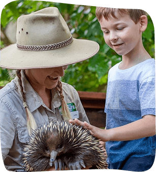 Smiling woman and boy gently interact with an echidna at an animal encounter.