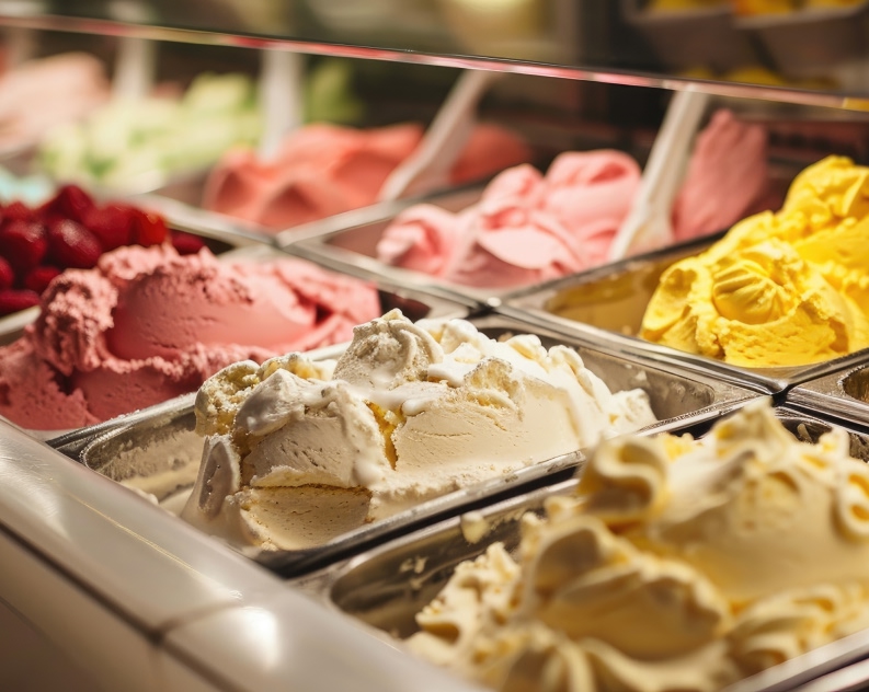 A variety of colorful gelato flavors displayed in metal trays at a gelato shop. The selection includes creamy white, bright yellow, soft pink, and other visually appealing flavors, each with distinct textures and swirls.
