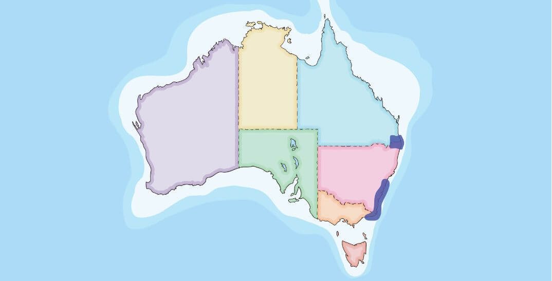 Map of Australia divided into its six states and two mainland territories, with different colors outlining each state and territory.