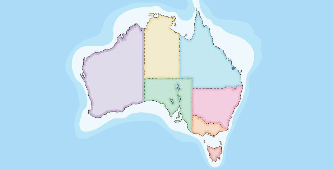 A simple map illustration of Australia showing its states and territories outlined in different pastel colors against a blue background.