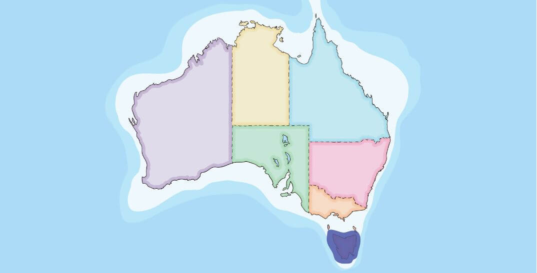 Map of Australia showing its states and territories with different colors.