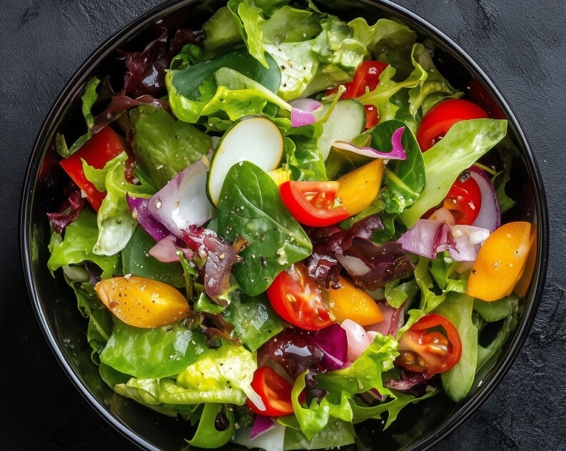 A colorful salad bowl filled with fresh ingredients, including cherry tomatoes in red and yellow, crisp cucumber slices, thinly sliced red onions, and mixed leafy greens like spinach and lettuce.