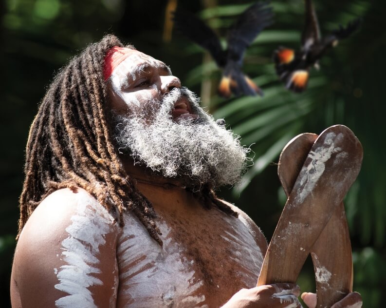 A man with face and body paint holds wooden clapsticks outdoors, with two birds flying nearby and green foliage in the background.