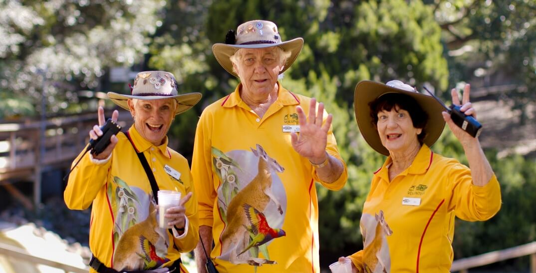 Three older adults wearing matching yellow shirts with animal prints and hats stand outdoors, smiling and waving at the camera. Two hold plastic cups; one holds binoculars.
