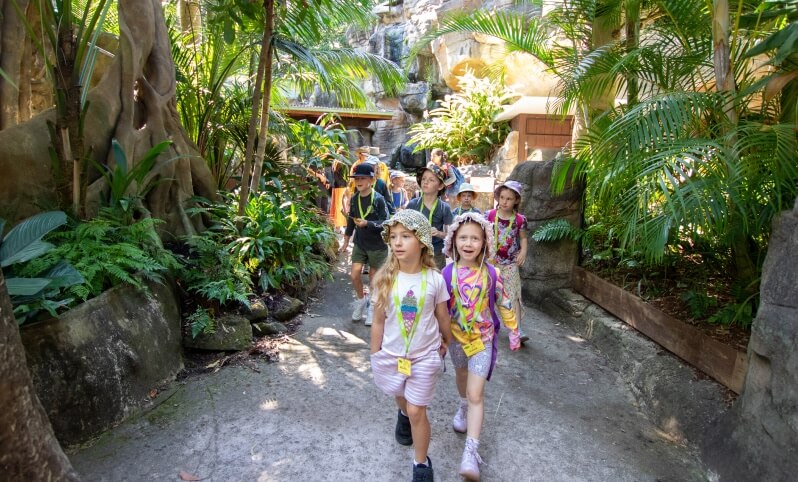 Group of children in colorful clothing walking a path through a lush, tropical garden.
