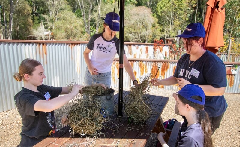 Four individuals gathered around a wooden table outdoors, engaged in a hands-on activity involving straw or hay.