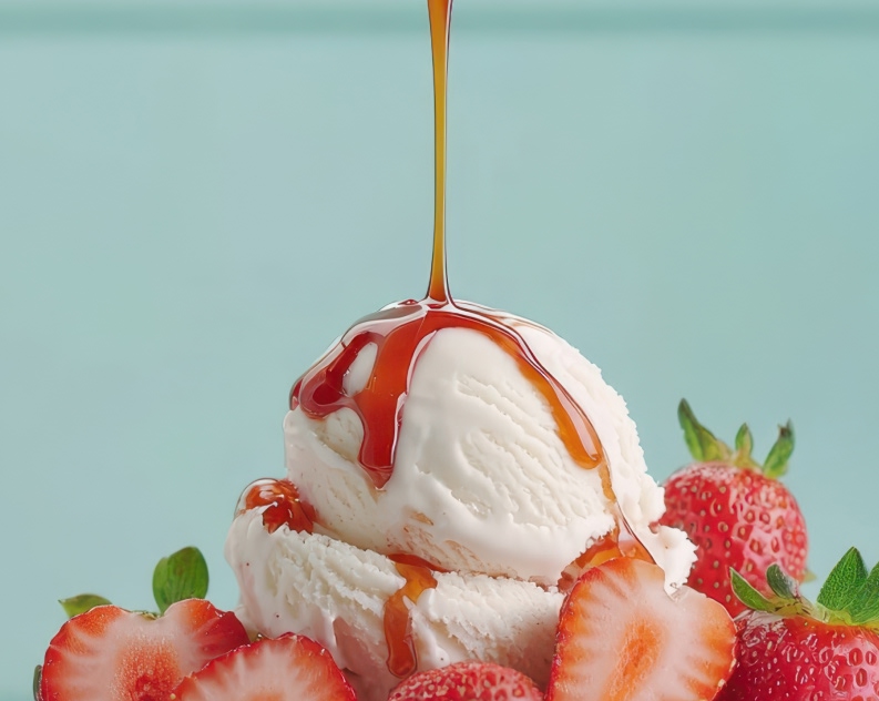 A scoop of creamy vanilla ice cream topped with a rich caramel drizzle, surrounded by fresh, vibrant red strawberries, some whole and some sliced.