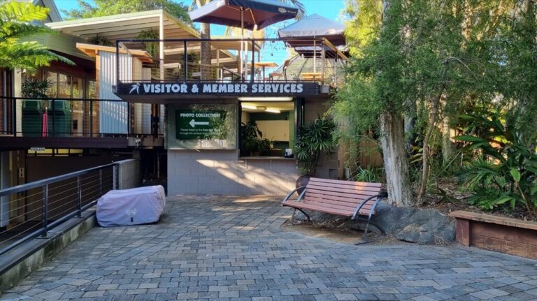 An outdoor visitor and member services area at a park or recreational facility.