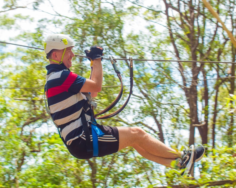 A person wearing a helmet, gloves, and harness rides a zipline through a forested area on a sunny day.