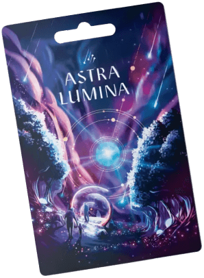 A badge displaying the words ASTRA LUMINA over a colorful, cosmic forest scene with two figures walking toward a glowing sphere.