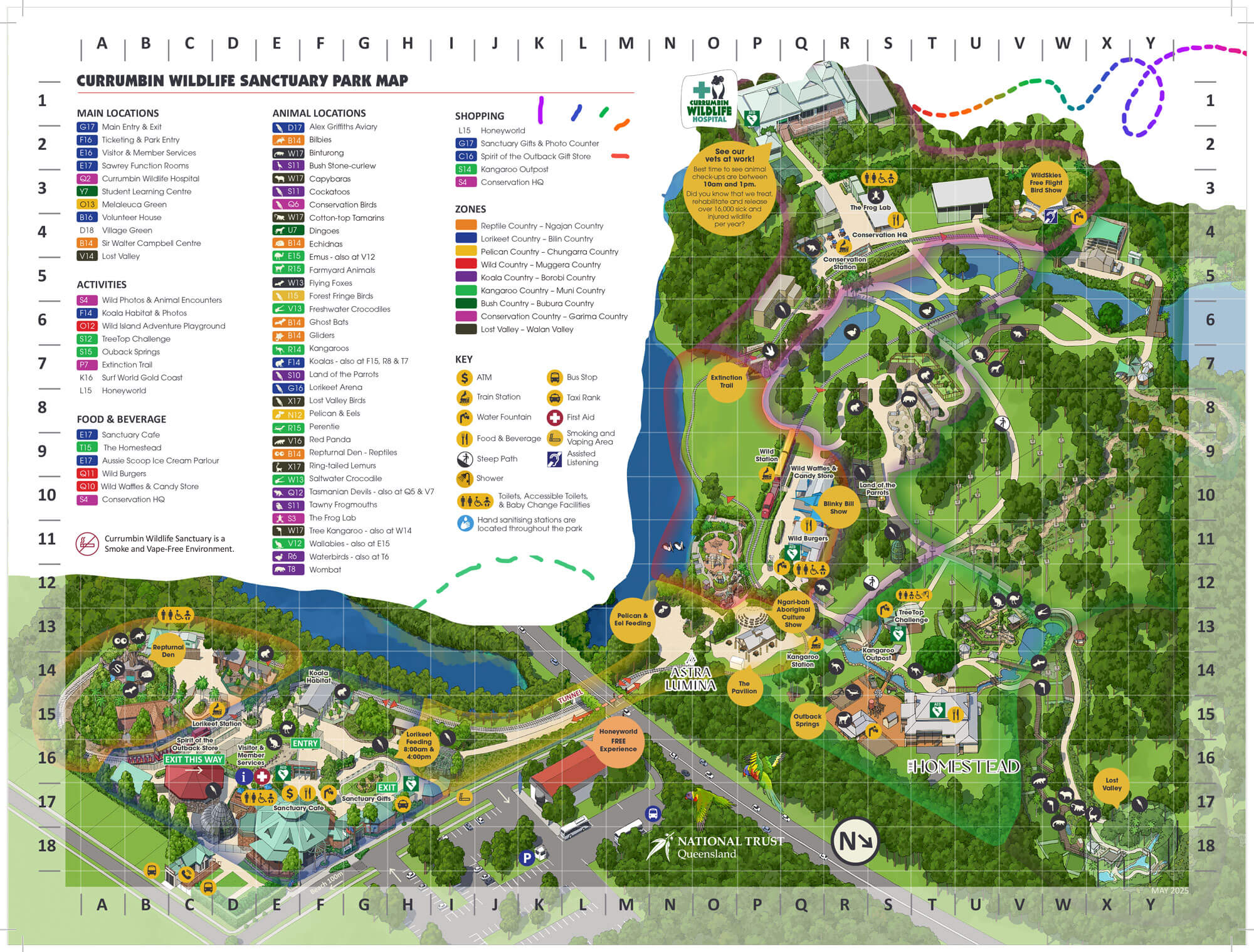 Currumbin Wildlife Sanctuary park map showing animal locations, activities, zones, food spots, and main attractions, overlaid on illustrated grounds with walking paths and points of interest.