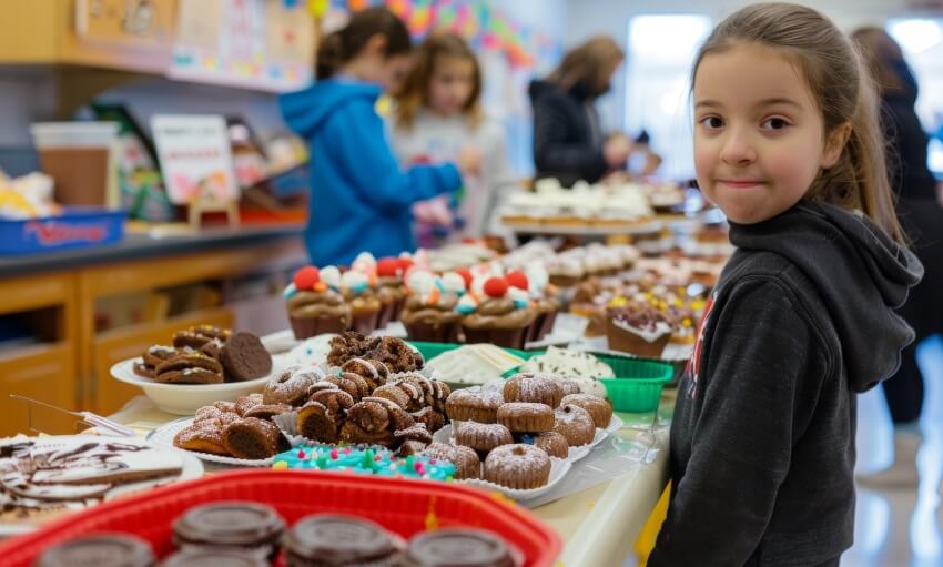 A young girl stands next to a table filled with various baked goods at what appears to be a bake sale, with other people in the background.