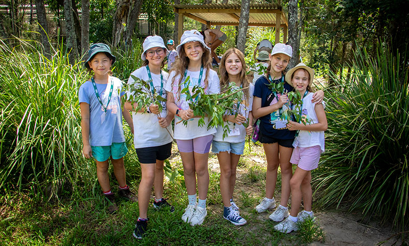 Group of school kids holding eucalyptus branches, surrounded by lush green trees