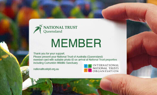 A hand holds a National Trust Queensland member card with information about membership, ID requirements, and affiliated organizations.