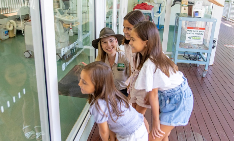 A woman and three young girls look through a glass window at an indoor exhibit in a wildlife facility.