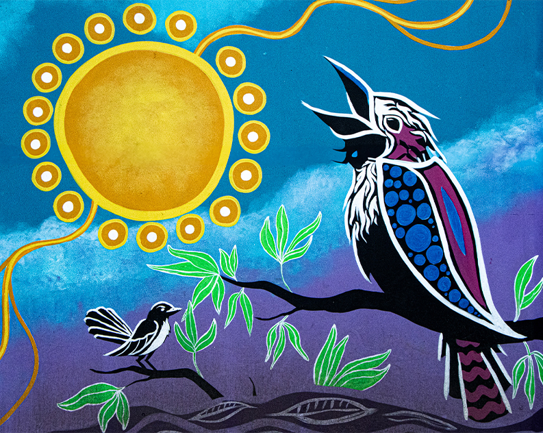 Snapshot of a colourful mural made in the Australian Aboriginal Art showing a Kookaburra bird sitting on a tree singing at the sun