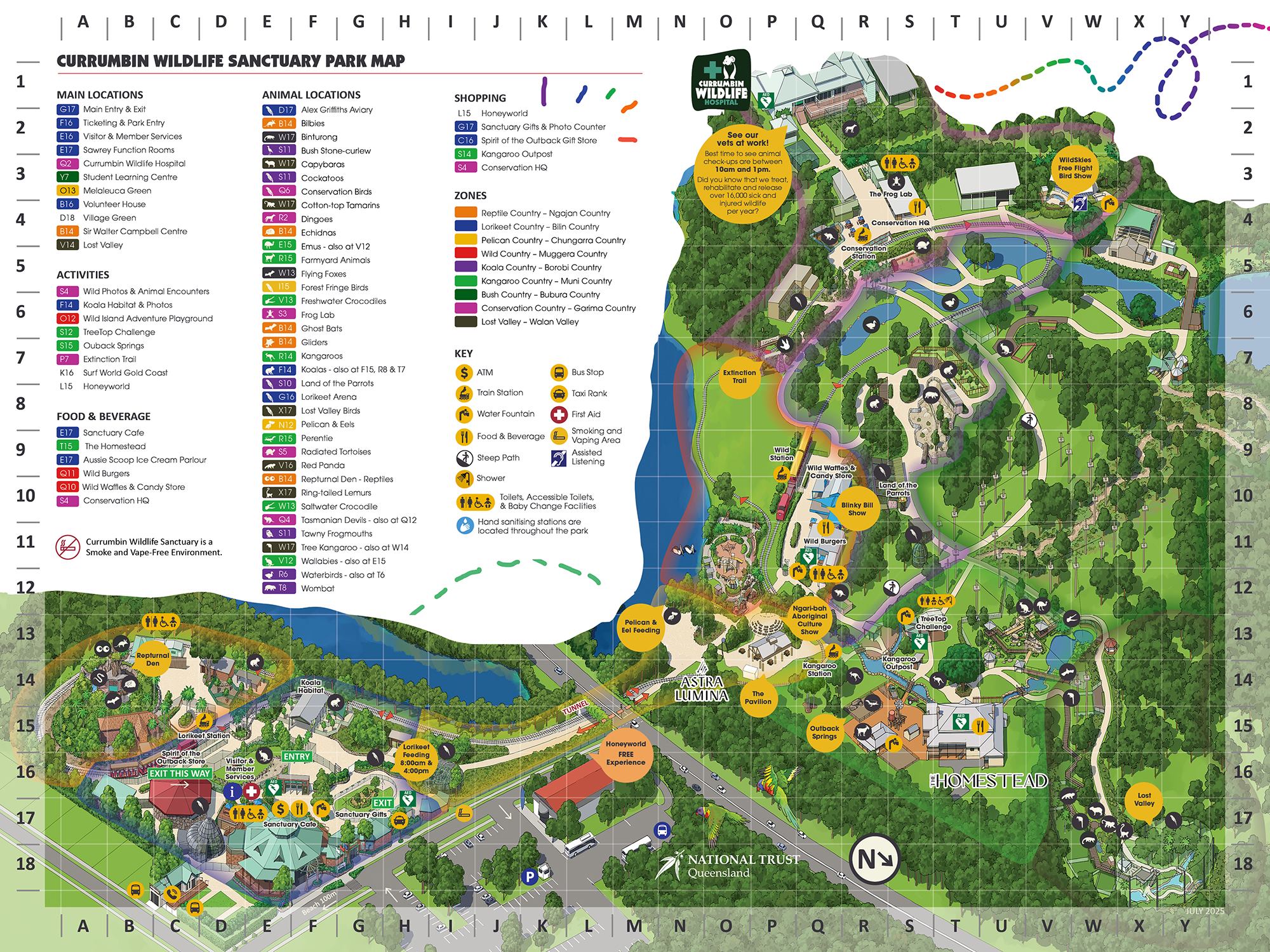 Currumbin Wildlife Sanctuary park map showing animal locations, activities, zones, food spots, and main attractions, overlaid on illustrated grounds with walking paths and points of interest.