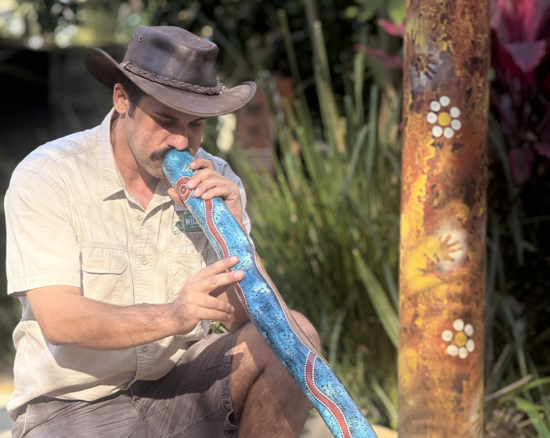 Man in neutral coloured clothing wearing a statson hat playing a blue didgeridoo painted with traditional colourful Aboriginal markings