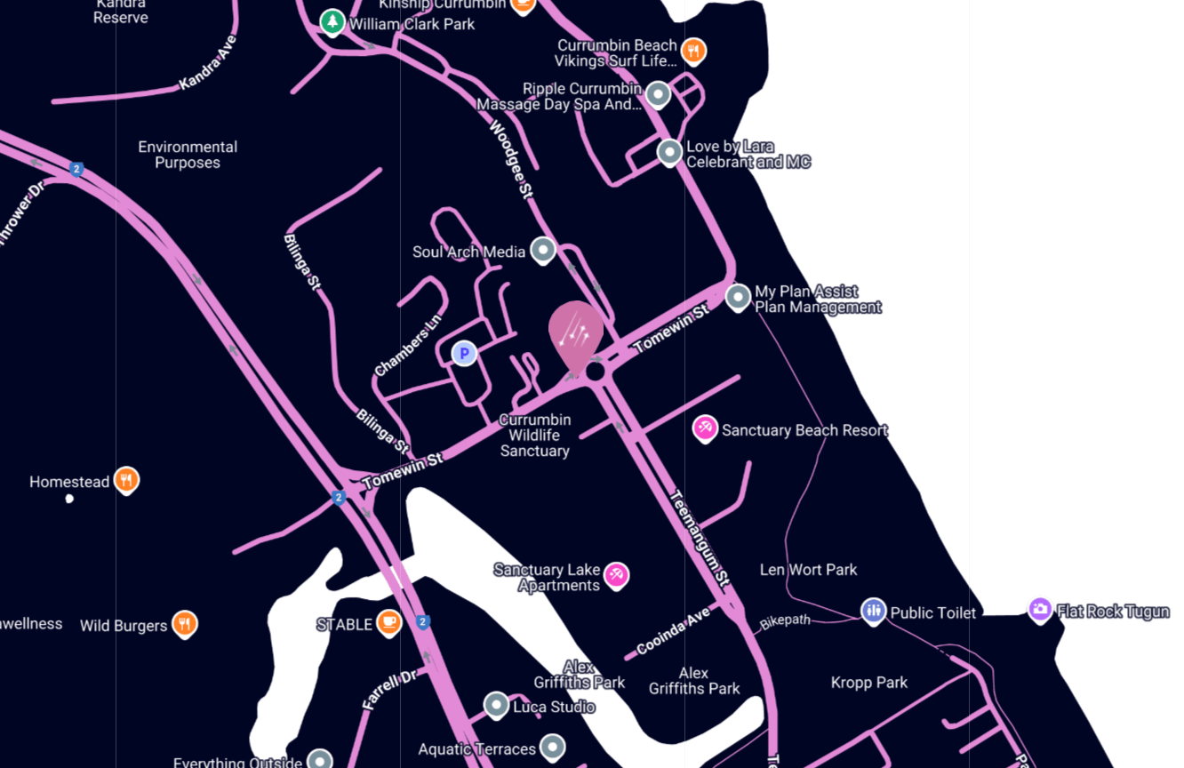 A detailed map displaying various locations within the area, highlighting points of interest and landmarks of Astra Lumina Gold Coast Light Show