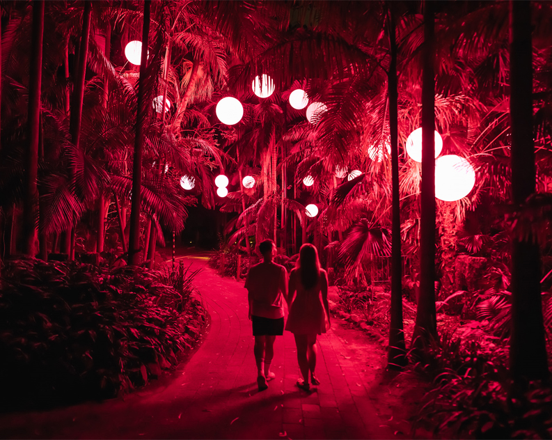 The lights turn a spooky red around Astra Lumina