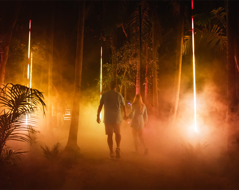 Adults make their way through a foggy Astra Lumina installation