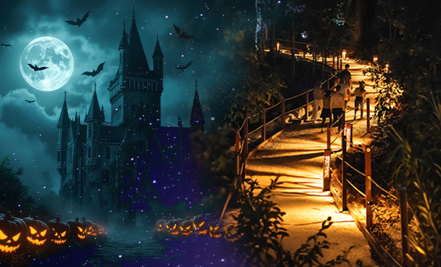 Full moon and bats over a gothic castle with glowing jack-o'-lanterns, blending into visitors on a lantern-lit night walk through bushland