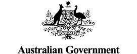 Black logo with plant, kangaroo and emu illustrations. Beneath it says Australian Government