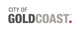 Grey brown and red logo saying City of Gold Coast in capitals