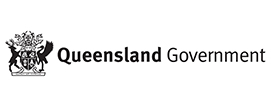 Black logo with sigil and animal illustration on the left and the words Queensland Government on the right