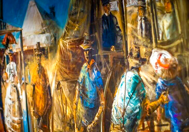 Abstract painting depicting several figures in hats and colorful clothing, set against a loosely-rendered backdrop with hints of buildings and tents.