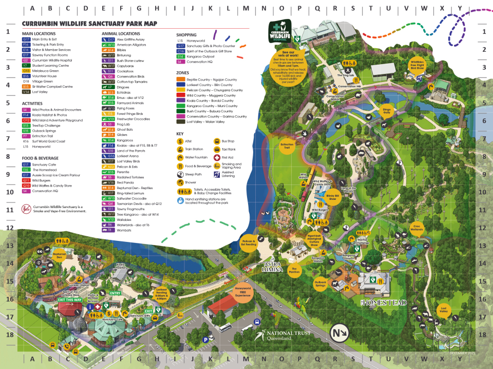 A detailed map of the park showcasing various animals, attractions and points of interest for visitors to explore