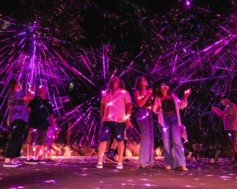 A group of people taking photos and looking up at purple, red and pink laser lights at night