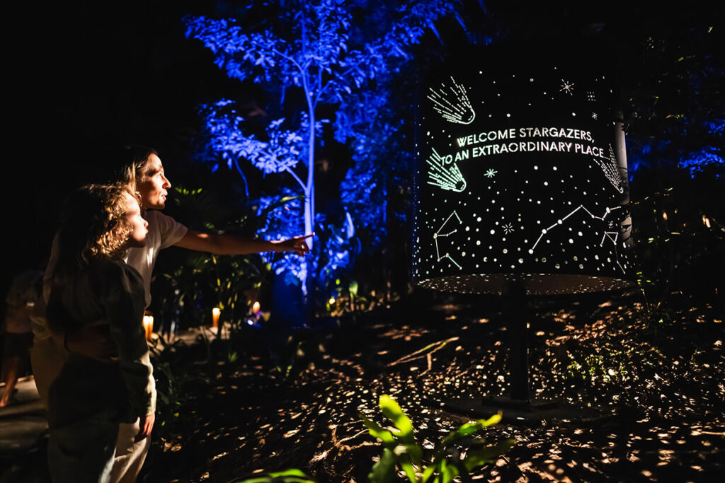 People observing a star-themed installation at night.