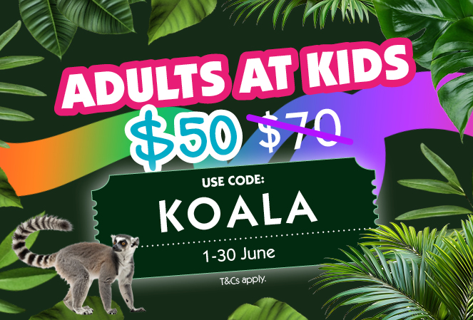 A mostly green graphic design with colourful text overlaid saying Adults At Kids $50 and strike through $70. It is also overlaid with a ticket illustration with text Use code Koala 1-30 June as well as a Lemur , rainbow ribbon and green leaves