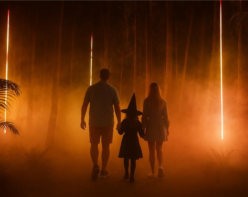 Shadow of parents and child in hallooween costume walking through a forest at night illuminated with orange glow sticks