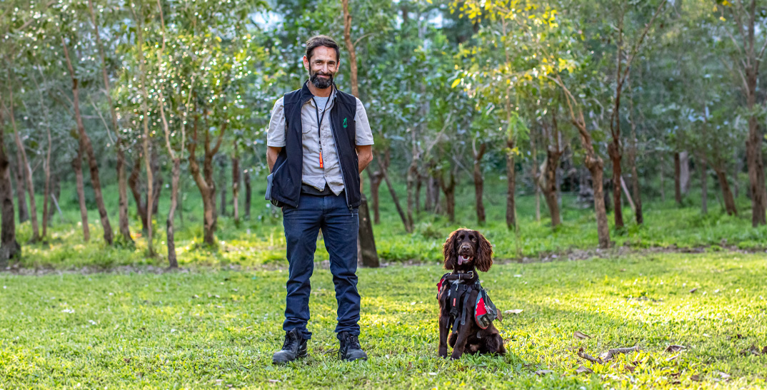A man in khaki and black outdoor wear standing on a grass field with a beautiful chocolate coloured dog at his side looking up at him. There is a field of trees behind them