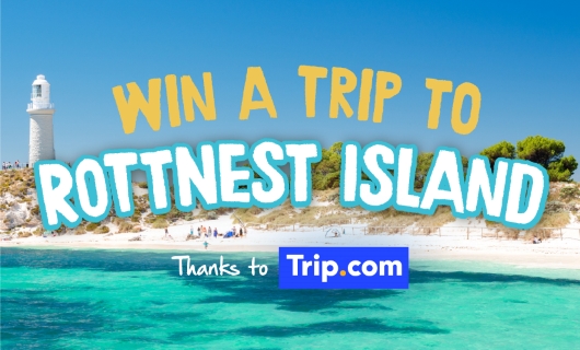 An image of Rottnest Island showing one of its many beaches and lagoons as well as a white light tower with colourful text overlaid saying Win a Trip to Rottnest Island thanks to Trip.com