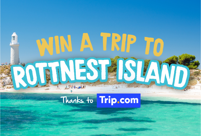 An image of Rottnest Island showing one of its many beaches and lagoons as well as a white light tower with colourful text overlaid saying Win a Trip to Rottnest Island thanks to Trip.com