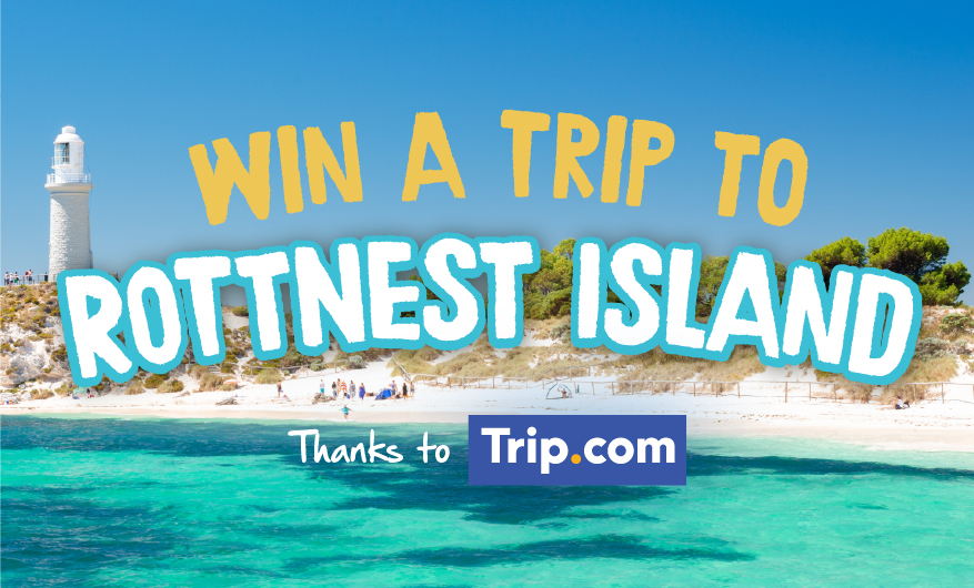 An image of Rottnest Island showing one of its many beaches and lagoons as well as a white light tower with colourful text overlaid saying Win a Trip to Rottnest Island thanks to Trip.com