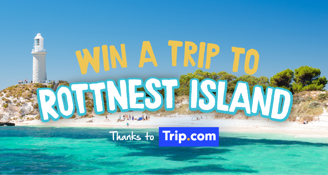 An image of Rottnest Island showing one of its many beaches and lagoons as well as a white light tower with colourful text overlaid saying Win a Trip to Rottnest Island thanks to Trip.com