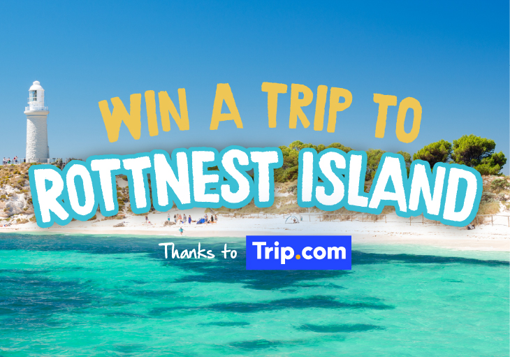 An image of Rottnest Island showing one of its many beaches and lagoons as well as a white light tower with colourful text overlaid saying Win a Trip to Rottnest Island thanks to Trip.com