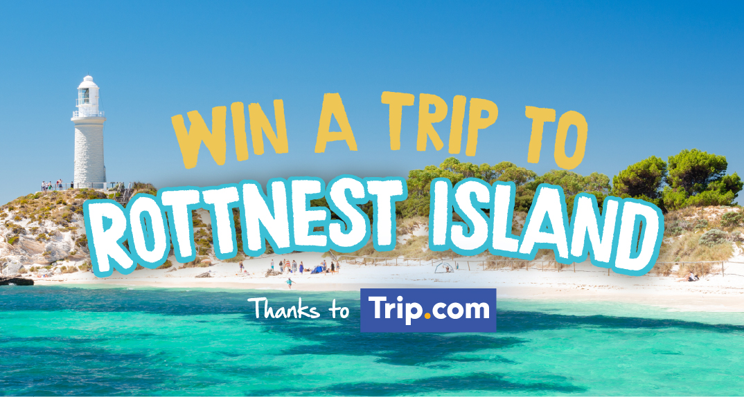 An image of Rottnest Island showing one of its many beaches and lagoons as well as a white light tower with colourful text overlaid saying Win a Trip to Rottnest Island thanks to Trip.com